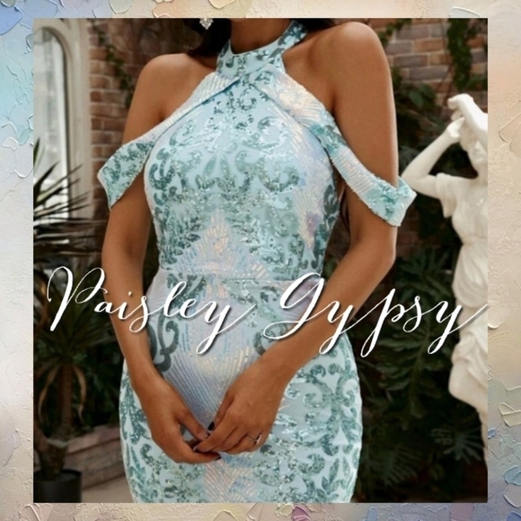 BABY BLUE HALTER STYLE, SLEEVELESS BAROQUE MERMAID MAXI DRESS - Picture 3 of 16